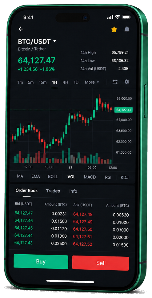 Plataforma de trading Albenzin para celular — gráfico BTC/USDT ao vivo, livro de ofertas e painel de operações